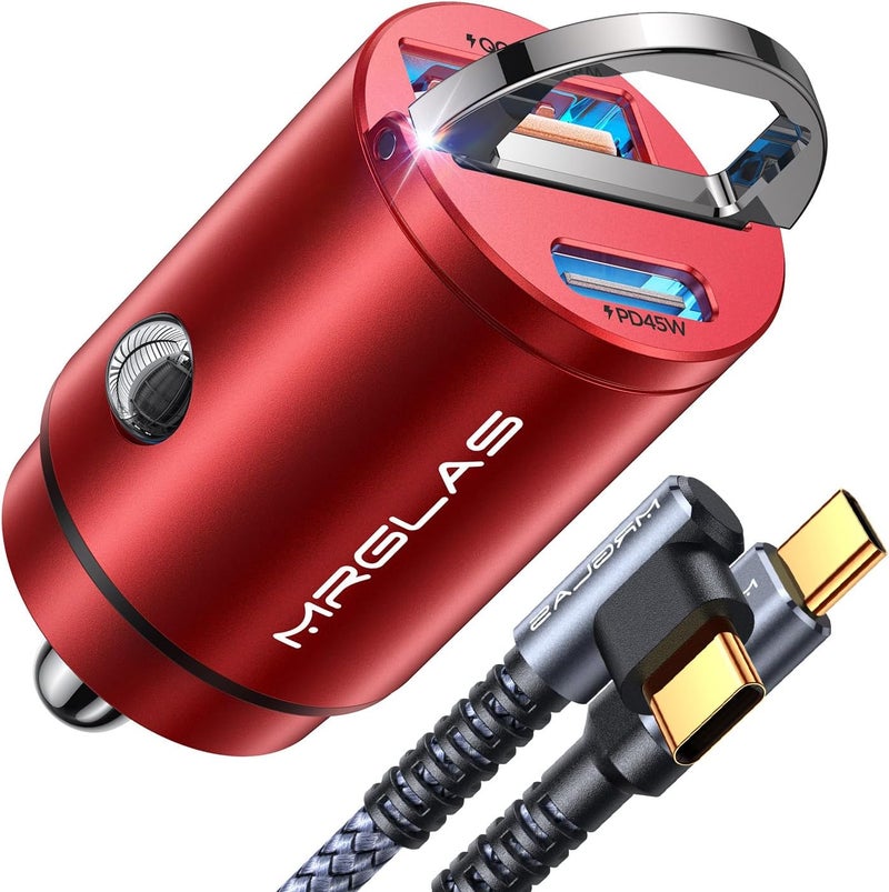MRGLAS 90W USB C Car Charger Fast Charge, PD45W & QC45W, Flush Fit, Extra 3.3ft Type C Cable, All Metal, Cigarette Lighter USB Charger for iPhone 16 15 Pro Samsung S25 S24 S23 Ultra Pixel 8/8Pro/7-Red - Image 1